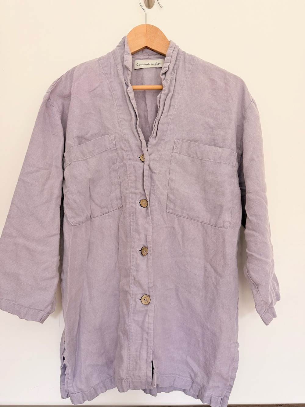 Love and Confuse Anthro Linen Light Lavender Button Front Shacket Lithuania S